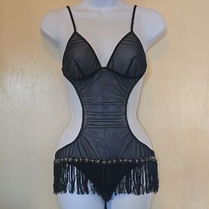 Seductive Frederick's Of Hollywood Black Sheer Bodysuit with Fringe Lingerie